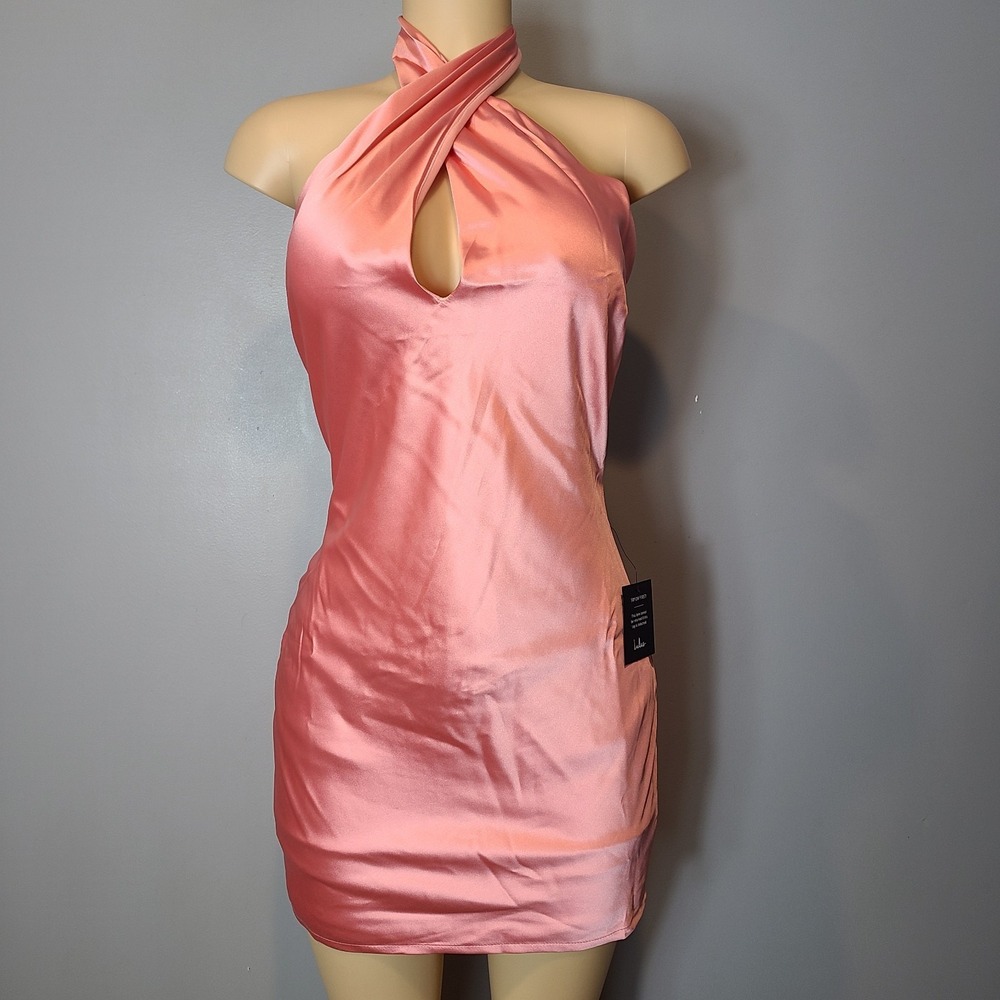 Lulus Beyond Classy Mini Dress Sz XS Coral Pink Satin Halter Cocktail Party Hoco